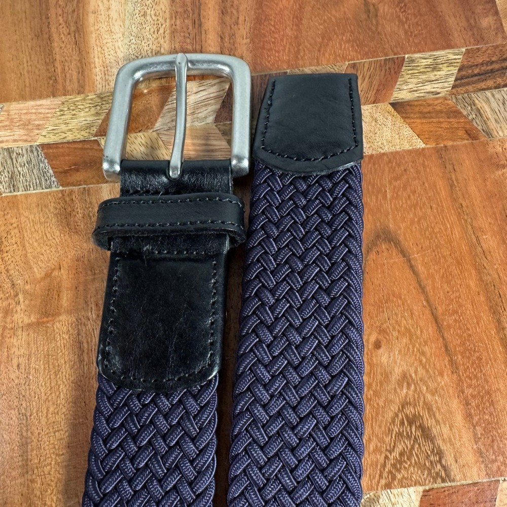 Trafalgar Mens Navy Blue Woven Braided Elastic Stretch Belt Black Leather Trim